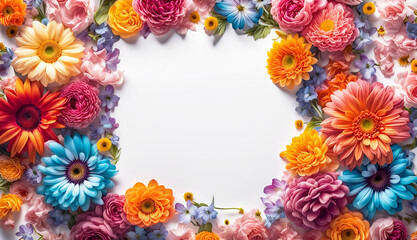 Obraz premium frischer Rahmen aus bunten Blumen Blüten des Frühling und Sommer voller Kraft und Farbe als Dekoration Hintergründe Vorlagen sommerlich leichte Gefühle florale Grußkarte Papier freier Raum im Zentrum