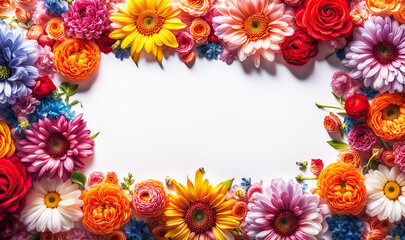 Fototapeta premium frischer Rahmen aus bunten Blumen Blüten des Frühling und Sommer voller Kraft und Farbe als Dekoration Hintergründe Vorlagen sommerlich leichte Gefühle florale Grußkarte Papier freier Raum im Zentrum