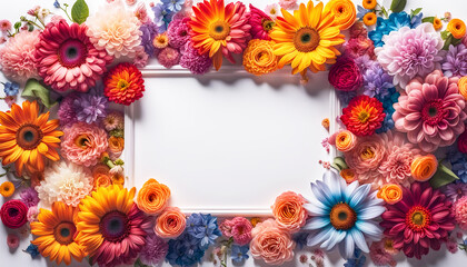 frischer Rahmen aus bunten Blumen Blüten des Frühling und Sommer voller Kraft und Farbe als Dekoration Hintergründe Vorlagen sommerlich leichte Gefühle florale Grußkarte Papier freier Raum im Zentrum