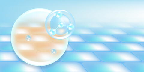 Hyaluronic acid hair and skin solutions ad, blue collagen serum drops into skin cells with cosmetic advertising background ready to use, illustration vector.