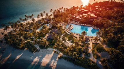  Luxury Hotel and Resort by Tropical Sea at Sunset