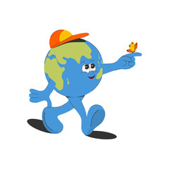Cartoon character planet earth with a butterfly isolated on a white background. An element of the design of a poster, sticker, print for Earth Day. Vector illustration.