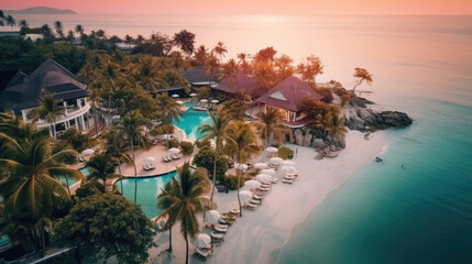 Fototapeta na wymiar Luxury Hotel and Resort by Tropical Sea at Sunset