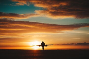 The silhouette of a plane taking off at sunset.
