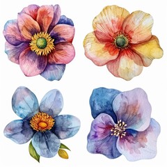 Set watercolor flowers isolated white background
