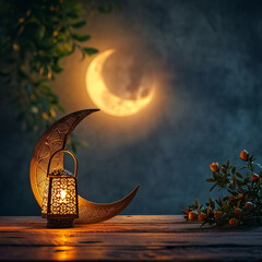 Eid-Ul-Adha festival celebration . Ramadan Kareem background. Crescent Moon and empty table, ai technology