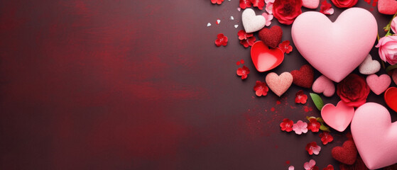 Valentine's day background with red hearts, roses and confetti.