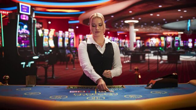 Portrait of a Female Croupier Looking at the Camera and Sharing the Results of a Baccarat Card Game. Beautiful Dealer in the Live Online Video Casino Revealing a Winning Hand. Static Shot