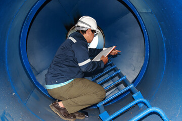 chief engineer in modern industrial factory using tablet and making audit.