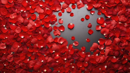 Red rose petals on black background. Valentines day background.