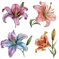 Set watercolor lily flowers isolated white background