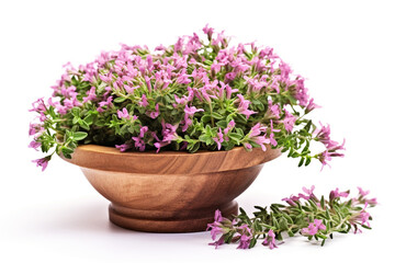 Fototapeta premium heap of thyme with flowers in wooden cup isolated on white background