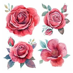 Set watercolor rose flowers isolated white background