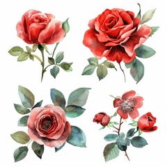 Set watercolor rose flowers isolated white background - obrazy, fototapety, plakaty