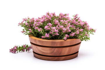 Fototapeta na wymiar heap of thyme with flowers in wooden cup isolated on white background