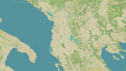 Albania outlined. OSM Topographic Humanitarian style map