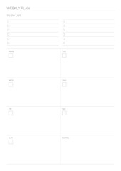 A weekly plan design template in a modern, simple, and minimalist style. Note, scheduler, diary, calendar, planner document template illustration.