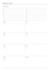 A weekly plan design template in a modern, simple, and minimalist style. Note, scheduler, diary, calendar, planner document template illustration.