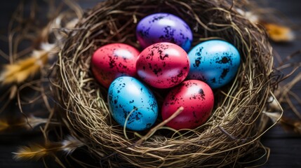Fototapeta na wymiar Easter delight: vibrant colored eggs nestled in a cozy nest - festive greeting card background