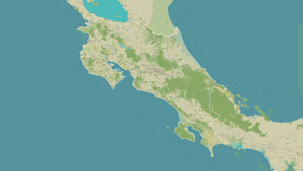 Costa Rica outlined. OSM Topographic Humanitarian style map