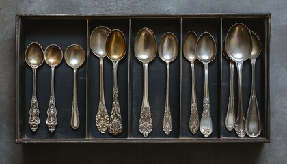  silver collection of tablespoons of teaspoons in a black box on a grey concrete background,  silver collection of tablespoons of teaspoons  - obrazy, fototapety, plakaty