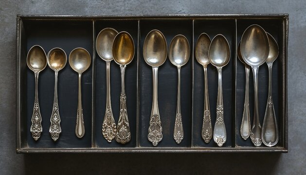  silver collection of tablespoons of teaspoons in a black box on a grey concrete background,  silver collection of tablespoons of teaspoons 