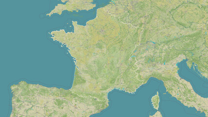 France outlined. OSM Topographic Humanitarian style map