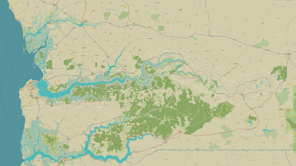 Gambia outlined. OSM Topographic Humanitarian style map