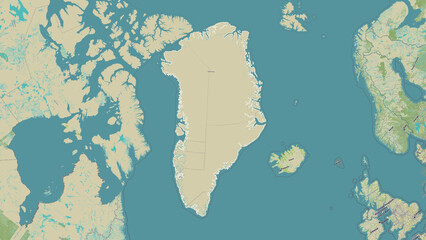 Greenland outlined. OSM Topographic Humanitarian style map
