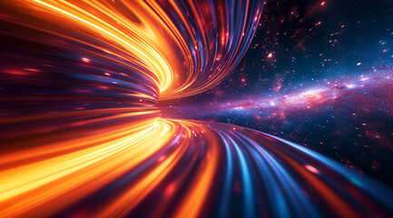 Fototapeta na wymiar Interstellar Warp Speed, A breathtaking visual of orange and blue light bands stretching towards a distant cosmic horizon, giving a sense of high-speed travel through a star-studded space.