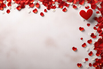 Valentine's day background with red hearts and white petals.