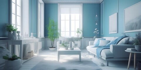 bright blue and white scandinavian living room interior in the sunny day, Cinematic, Photoshoot, Shot on 65mm lens, Shutter Speed 1 4000, F 1.8 White Balance, 32k, Super-Resolution, Pro Photo RGB, Hal - obrazy, fototapety, plakaty