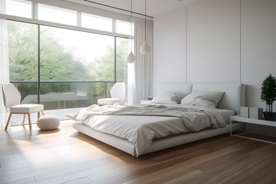 elegant white modern bedroom interior on sunny day