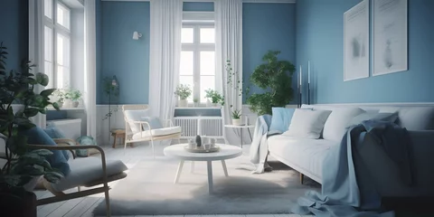 Fotobehang bright blue and white scandinavian living room interior in the sunny day, Cinematic, Photoshoot, Shot on 65mm lens, Shutter Speed 1 4000, F 1.8 White Balance, 32k, Super-Resolution, Pro Photo RGB, Hal © azure