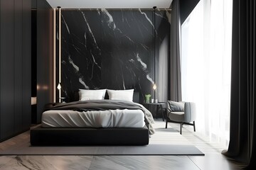 elegant modern bedroom interior with dark marble elements, on sunny day