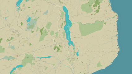 Malawi outlined. OSM Topographic Humanitarian style map