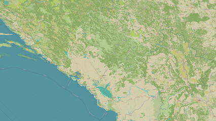 Montenegro outlined. OSM Topographic Humanitarian style map
