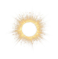 Yellow magical fantasy portal. Round light frame, futuristic teleporter. Lighting effect. Golden neon lights illuminate night scene with sequins. Golden neon ring. Round shape. PNG.
