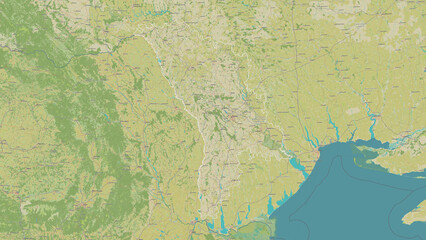 Moldova outlined. OSM Topographic Humanitarian style map