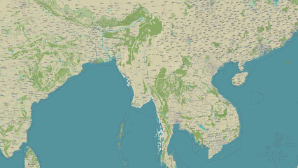 Myanmar outlined. OSM Topographic Humanitarian style map