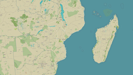 Mozambique outlined. OSM Topographic Humanitarian style map