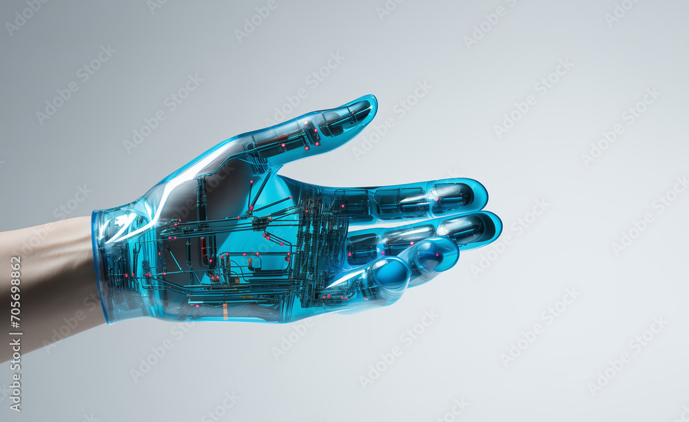 Poster human hand replaced by a high-tech artificial hand with microcircuits and implants
