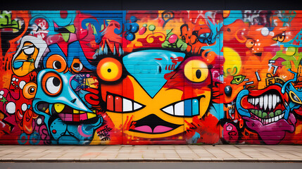 Colorful graffiti wall with urban elements, representing creativity in the streets. with Copy Space
