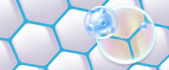 Hyaluronic acid hair and skin solutions ad, blue collagen serum drop into skin cells with cosmetic advertising background ready to use, illustration vector.