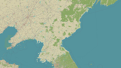 North Korea outlined. OSM Topographic Humanitarian style map