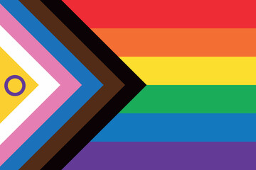 Intersex Progress Pride flag. New LGBTQ Pride Flag. New  Updated Intersex Inclusive Progress Pride Flag. Banner Flag for LGBT, LGBTQ or LGBTQIA plus Pride. Vector illustration - obrazy, fototapety, plakaty