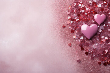 Valentine's day background with hearts on pink glittering background.