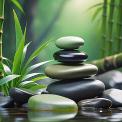 Fototapeta na wymiar Stacked stones on green bamboo background, empty copy space, background for spa and relaxation,