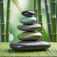 Stacked stones on green bamboo background, empty copy space, background for spa and relaxation,