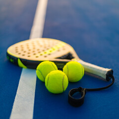 Padel tennis racket. Background with copy space. Sport court and balls. Social media template. Promotion for padel events.